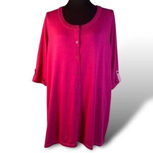 Catherine's Cardigan Womens Sz 1X Pink Button-Front Roll-Tab Crew Neck Sweater